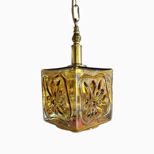 Lampada in vetro ambrato con catena in ottone, 1960