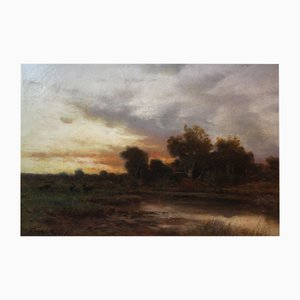 Franz Reder-Broili, Dachauer Moos con ciervos en el crepúsculo vespertino, del siglo XIX, óleo sobre lienzo, enmarcado