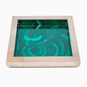 Silver Plated Square Tray with Malachite Silk, 1970s