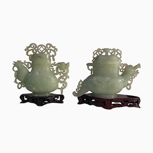 Potiche Vases in Jade Depicting Dragon and Rooster, 19th Century, Set of 2