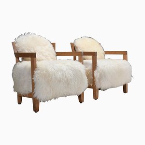 Set of Oak and Off-White Sheepskin Chairs, Switzerland, 1970s