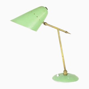 Mid-Century Adjustable Table Lamp in Aqua Green Metal and Brass, 1950s