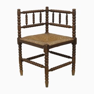 Dutch Bobbin Corner Chair in Oak and Rush, 1900s
