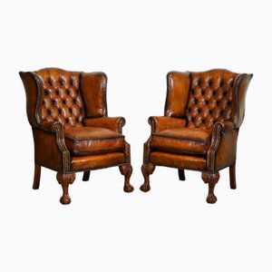 Set of Chesterfield Wingback Chairs in Brown Leather, 1920s