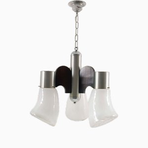 Lustre à Suspension en Verre de Murano, Acier Inoxydable et Bois attribué à Gaetano Sciolari pour Mazzega, 1970s