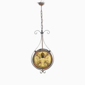 Lustre Art Nouveau en Fer Forgé et Diffuseur Chinchilla en Verre, 1930s