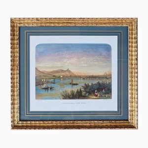 Robert Brandard, View Over the Rhine, Drachenfels Seen from Bonn, Watercolor Engraving, Mid-1800s, Framed