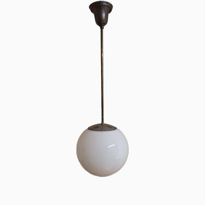 Vintage German Ceiling Lamp with Spherical White Glass Shade on Metal Mount, 1950s