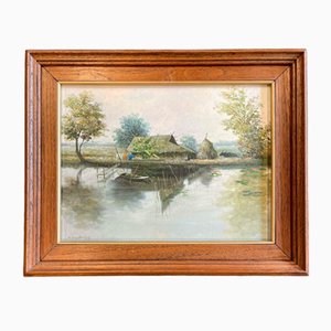 V. Chaiduang, Dorfansicht am Wasser, Ende 20. Jh., Öl auf Leinwand