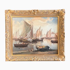 Sailing Boats in Harbor, Oil on Canvas, Mid-20th Century, Framed