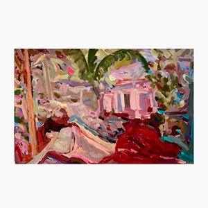 Francesca Owen, descansando en los jardines rosas, pintura al óleo, 2024
