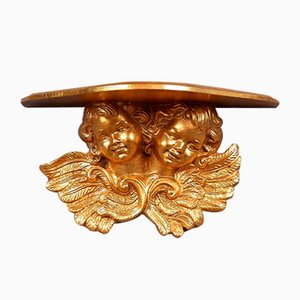 Vintage Wooden Shelf with Gold-Coloured Wall-Mounted Cherubs and Winged Angels, Italy, 1970s