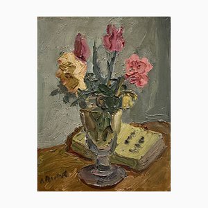 Alexandre Rochat, Bouquet and Book, Oil on Canvas, 1950s