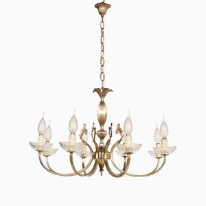 Mid-Century Florentine Eight Lights Chandelier in Silvered Brass, 1940s