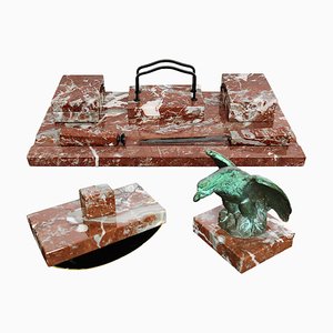 Large Italian Writing Desk Set in Red Marble, 1930s, Set of 6