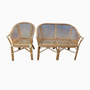 Sitzbank & Sessel aus Rattan & Rohrgeflecht, 1970er, 2er Set