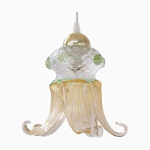 Vintage Flower Pendant in Clear and Gold Murano Glass with Green Details, 1980s