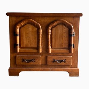 Brutalist 2-Door Oak and Brass Cabinet