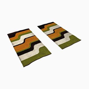 Modern Italian Rectangular Rugs with Wavy Decorations in Green and Orange, 1970s, Set of 2