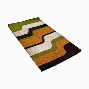 Modern Italian Rectangular Rug with Wavy Decorations in Green and Orange, 1970s