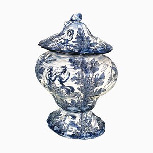 Jarrón italiano Mid-Century moderno de cerámica blanca y azul, años 50