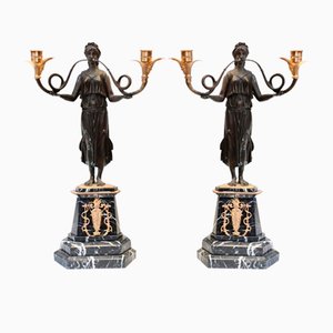 Neoklassizistische Ägyptische Jungfrauen Kerzenhalter aus Vergoldeter Bronze, 2er Set