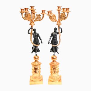 French Regency Classical Gilt Bronze Candleholders Maiden, Set of 2