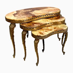 Tables Gigognes Hollywood Regency Vintage en Laiton et Onyx, Set de 3