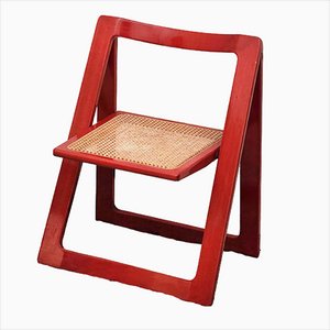Trieste Folding Caned Seat Chair in Red Lacquer by Aldo Jacober for Alberto Bazzani, 1960s