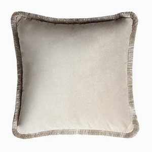 Major Collection Cushion in Beige Velvet with Fringes from Lo Decor