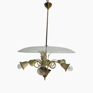 Mid-Century 6-Light Chandelier in Brass and Murano Glass in the style of Pietro Chiesa for Fontana Arte, 1940s