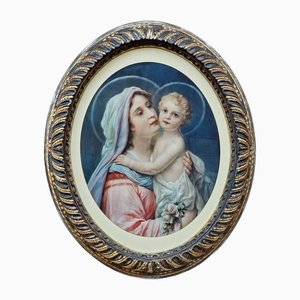 Madonna with Baby Jesus, Large Oval Lithograph, Early 20th Century, Framed