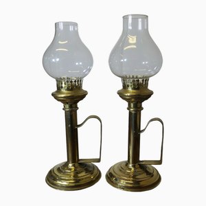Brass Candleholders with Glass Chimneys, Set of 2