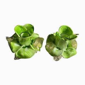Portacandele Salviatis in vetro di Murano con fiori verdi e foglie dorate Portacandele artigianali in vetro soffiato e sagomato di Salviati, set di 2
