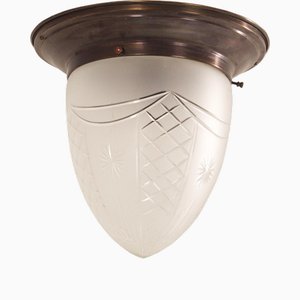 Large Art Deco Ceiling Lamp with Brass Base and Cut Glass, 1930s