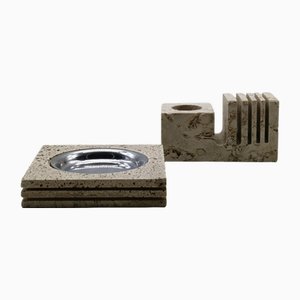 Travertine Ashtrays and Penholders attributed to Enzo Mari for F.Lli Mannelli, Italy, 1970s, Set of 2