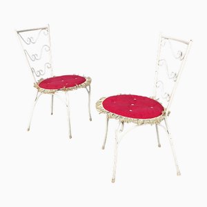 Set of Mid-Century Italian Modern White Iron Garden Chairs with Magenta Red Pillows, 1960