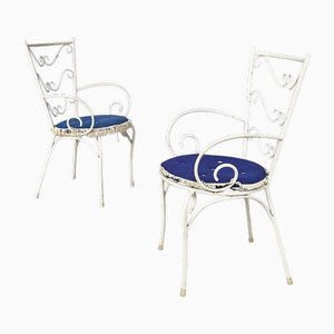 Set of Mid-Century Italian Modern White Iron Garden Chairs with Blue Pillows, 1960