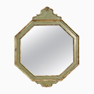 Antique Italian Octagonal Wall Mirror in Green Wood with Golden Profiles, 1700s