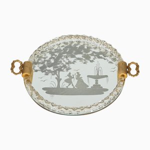 Barovier Murano Gold Blown Glass Italian Serving Tray with Etched Mirror, 1940s