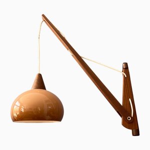 Danish Teak Wood Fishing Rod Wall Lamp with Acrylic Glass Mushroom Shade