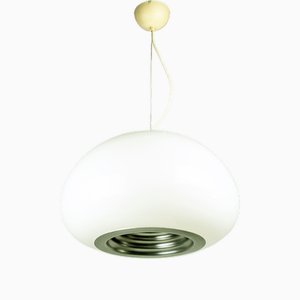 Lampada a sospensione in vetro opalino, alluminio e plastica bianca di Achille & Pier Giacomo Castiglioni per Flos, anni '60