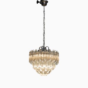 Venini Chrome Tiered Chandelier with 91 Clear Triedri Murano Crystals, Italy, 1980s