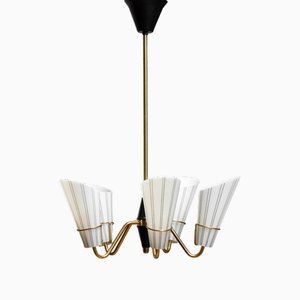 Swedish Brass Five Arm Chandelier with Frosted Art Glass Shades from Asea, 1950s