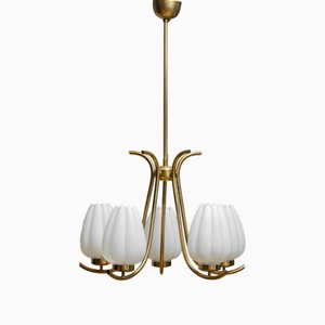 Large Brass Chandelier with Opal Glass Tulip Vases from Böhlmarks, Sweden, 1940s