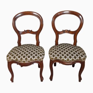 Set of Antique Wooden Chairs with Green and White Floral Padding, 1900s