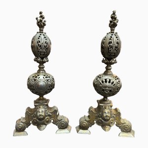 Andirons with Marmousets in Silvered Bronze