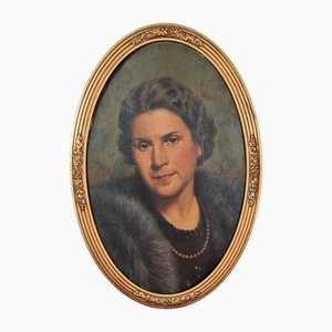 Ritratto di signora, anni '40, dipinto a olio, con cornice