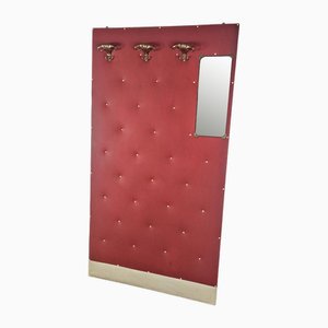 Vintage Coat Hanger in Red Skai with Brass Hooks and Mirror, 1960