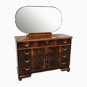 Art Deco Four-Drawer Chest of Drawers in Walnut and Maple with Mirror, 1940